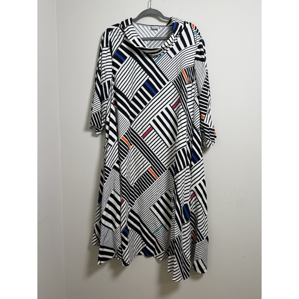 AINO Finland Sz Large Artistic Collared Dress Geometric Lagenlook Artsy Colorful